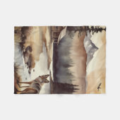 一匹のコヨーテの水彩風景画 フリースブランケット (正面(横))