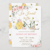 一匹の蜂に甘いピンクのフローラ1歳の誕生日 招待状 (正面/裏面)
