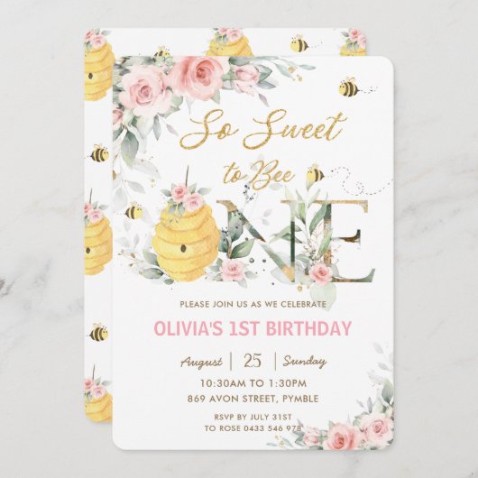 一匹の蜂に甘いピンクのフローラ1歳の誕生日 招待状 (正面/裏面)