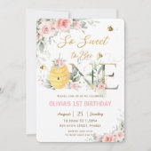 一匹の蜂に甘いピンクのフローラ1歳の誕生日 招待状 (正面)