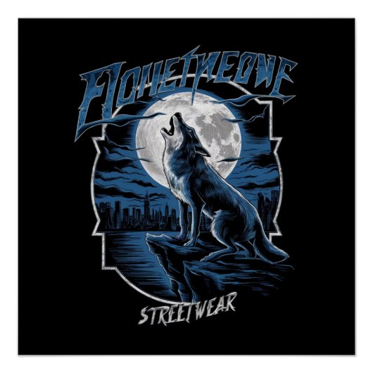 一匹狼が、岩だらけのCの上で満月で吠え続ける ポスター (正面)