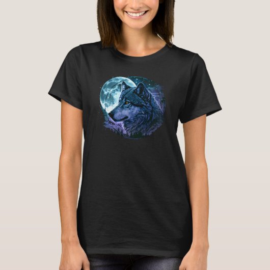 一匹狼の月 狼の群れの頭狼の遠吠え Tシャツ (正面)
