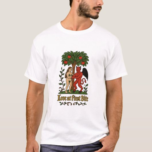 一口で恋に落ちる - 中世の悪魔とイヴのミーム Tシャツ (正面)