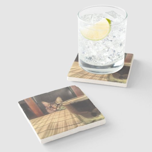 一口ビールか。 おもしろいなユーモアの子猫猫の写真の写真撮影 ストーンコースター (横)