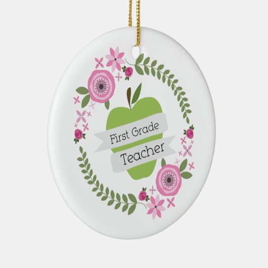 一学年の先生の緑のAppleの花のリース セラミックオーナメント (右)