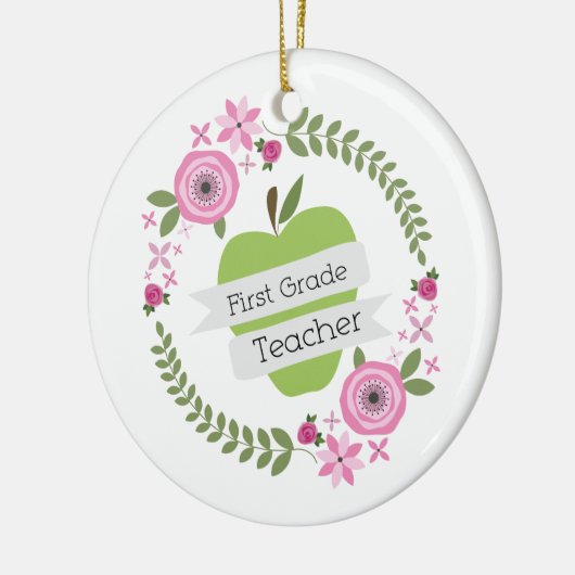 一学年の先生の緑のAppleの花のリース セラミックオーナメント (左)
