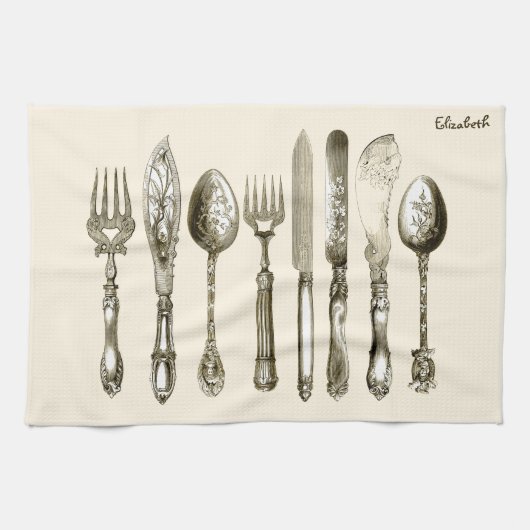 一定のさまざまで旧式なナイフを食事するヴィンテージの食事用器具類 キッチンタオル (横)