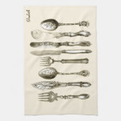 一定のさまざまで旧式なナイフを食事するヴィンテージの食事用器具類 キッチンタオル (縦)