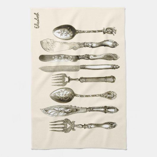 一定のさまざまで旧式なナイフを食事するヴィンテージの食事用器具類 キッチンタオル (縦)