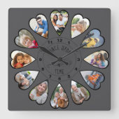 一度に12ハート型の写真ダークグレー スクエア壁時計 (正面)