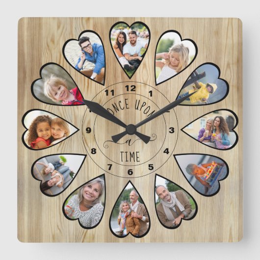 一度に12ハート型の写真パイン スクエア壁時計 (正面)