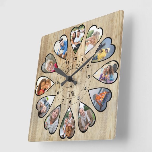 一度に12ハート型の写真パイン スクエア壁時計 (傾斜)