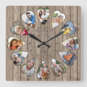 一度に12ハート型の写真茶色の木 スクエア壁時計 (正面)