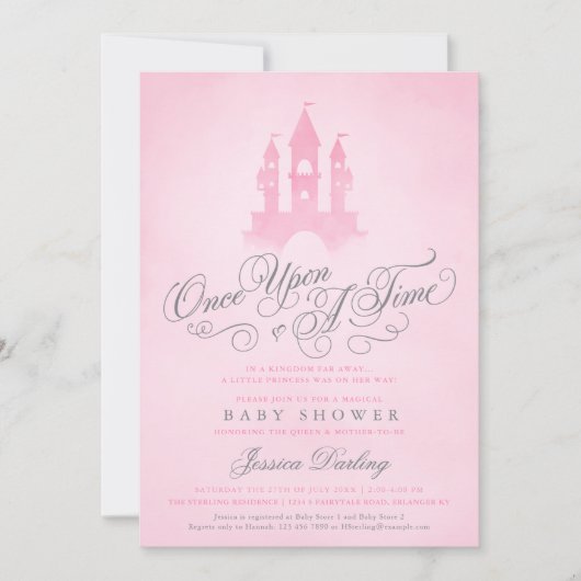 一度のおとぎ話の城の女の子の赤ちゃんシャワー 招待状 (正面)