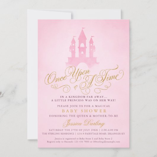 一度のおとぎ話の城の女の子の赤ちゃんシャワー 招待状 (正面)