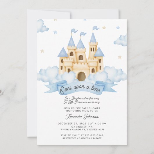 一度のおとぎ話の城の青い赤ちゃんシャワー 招待状 (正面)