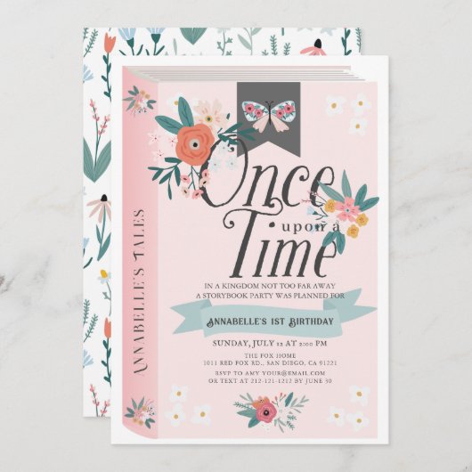 一度のタイムピンクフローラガール1st誕生日 招待状 (正面/裏面)