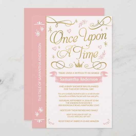 一度の時間に赤ちゃんシャワー、プリンセス赤ちゃんシャワー 招待状 (正面/裏面)