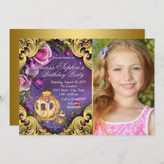 一度の時間のおとぎ話のプリンセス誕生日パーティー 招待状 (正面/裏面)