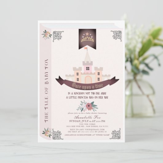 一度の時間ストーリーブックピンクの赤ちゃんシャワー 招待状 (スタンド正面)