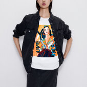 一度オレンジブルー印刷グラフィックで住む女性 Tシャツ