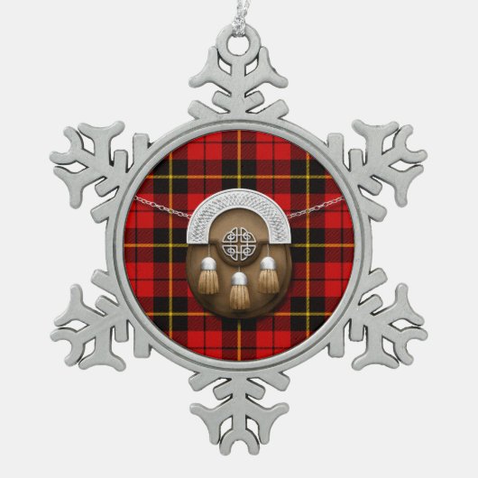 一族のウォーレスのタータンチェックおよびSporran スノーフレークピューターオーナメント (正面)
