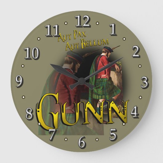 一族のGunnのスコットランドのタータンチェック ラージ壁時計 (正面)