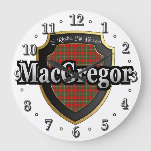 一族のMacGregorのタータンチェックのスコットランドの夢の時計 ラージ壁時計 (正面)