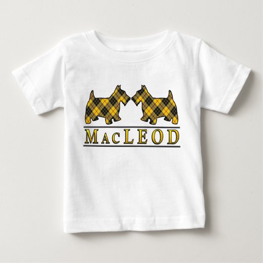 一族のMacLeodのスコッチテリアはスコットランドの一族のタータンチェックの後をつけます ベビーTシャツ (正面)