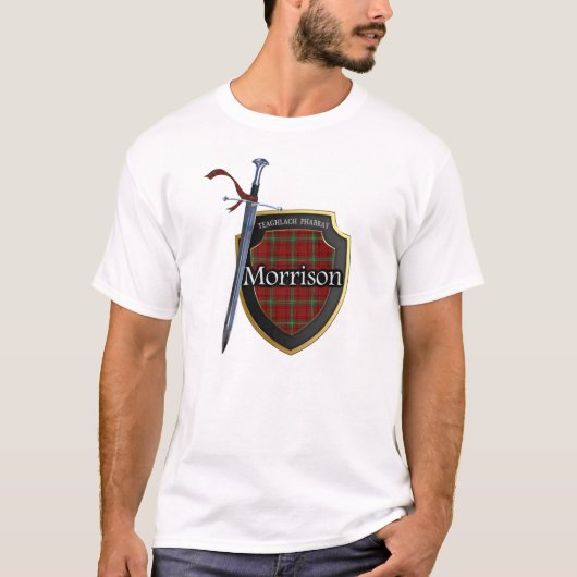 一族のMorrisonのタータンチェックのスコットランドの盾及び剣 Tシャツ (正面)