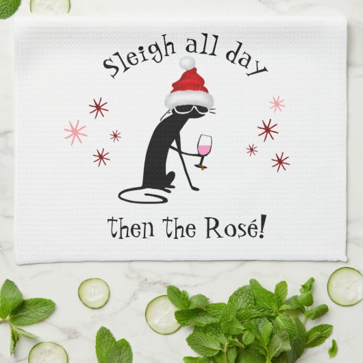 一日中そりを続け、ロゼおもしろい・クリスマスキャット キッチンタオル (折り畳み)