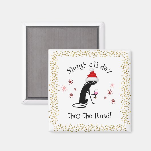 一日中そりを続け、ロゼおもしろい・クリスマスキャット マグネット (正面/裏面)