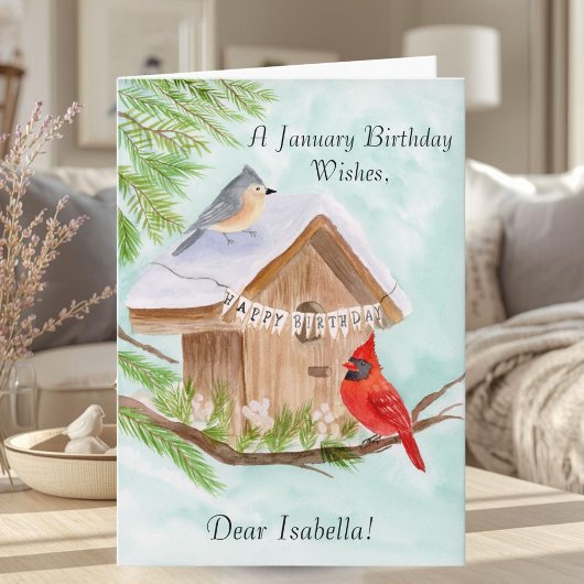 一月の誕生日おめでとう バードハウスと小鳥 カード