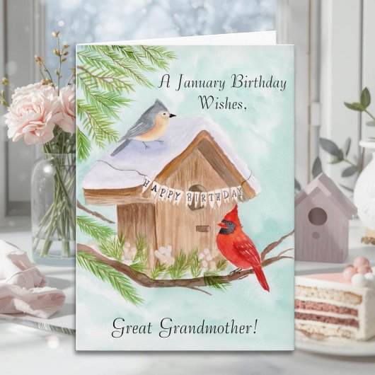 一月の誕生日に幸せな曾祖母と鳥たち カード
