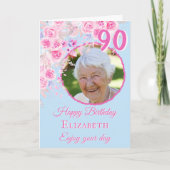一枚の写真とフラワーデザインの90歳の誕生日カード カード (正面)