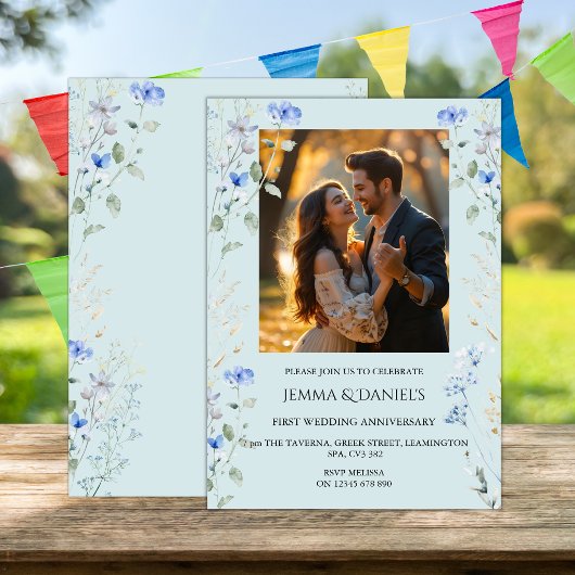  一枚の写真のフラワーデザイン 1st 結婚記念日  招待状