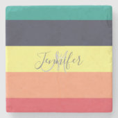 一次虹色ブロックストライプモノグラム名 ストーンコースター (正面)