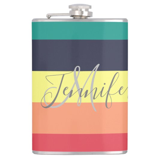 一次虹色ブロックストライプモノグラム名 フラスク (正面)