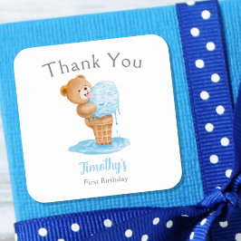 一歳の誕生日の男の子テディベアイスクリーム スクエアシール