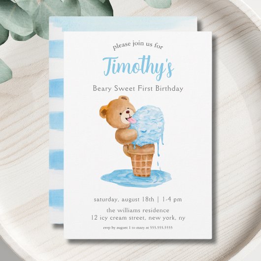 一歳の誕生日の男の子テディベアイスクリーム 招待状