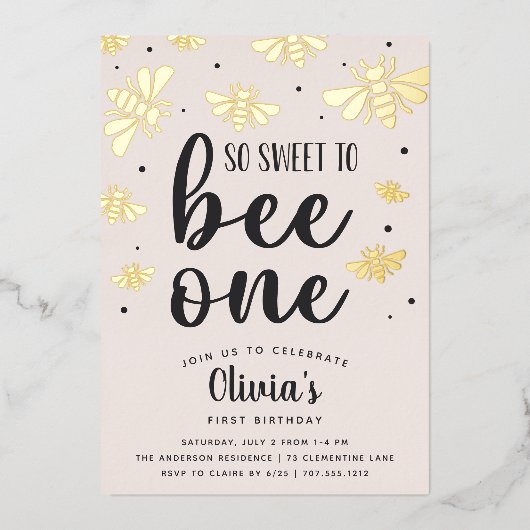 一歳の誕生日パーティーのホイルに甘い 箔招待状 (正面)