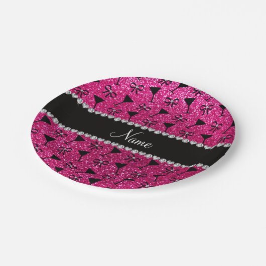 一流のネオンショッキングピンクのグリッターのカクテルグラスの弓 ペーパープレート (アングル)