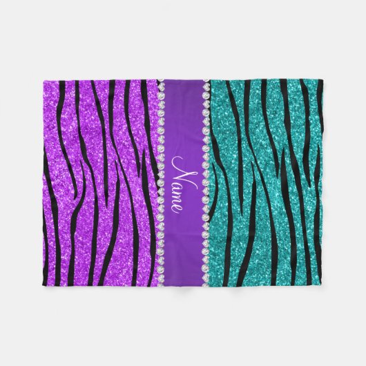 一流のネオン紫色のターコイズのグリッターのシマウマは縞で飾ります フリースブランケット (正面(横))
