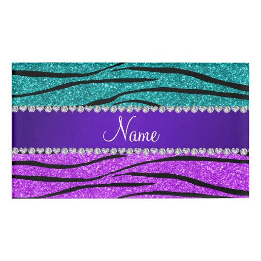 一流のネオン紫色のターコイズのグリッターのシマウマは縞で飾ります 名札 (正面)