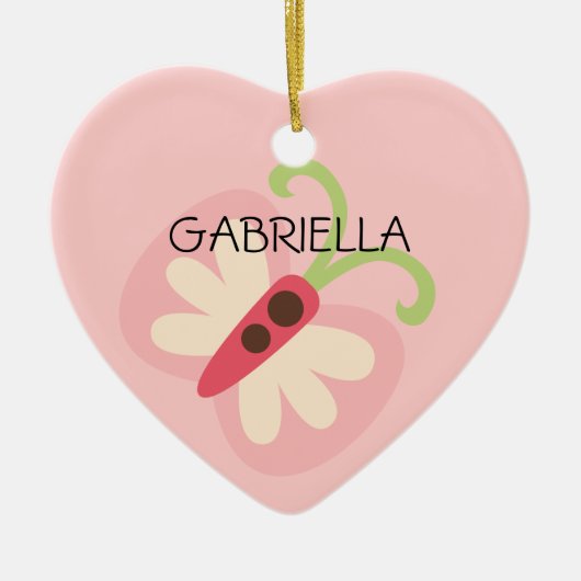 一流のハートのピンクの蝶 セラミックオーナメント (正面)