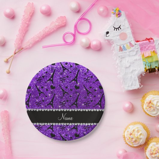 一流のパリのeiffekタワーのインディゴの紫色のグリッター ペーパープレート (パーティー)