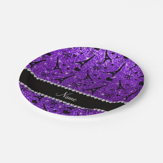 一流のパリのeiffekタワーのインディゴの紫色のグリッター ペーパープレート (アングル)