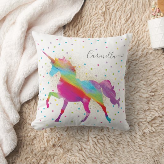 一流のパーソナライズな虹のユニコーンの金ゴールドのグリッターを加えて下さい クッション (ブランケット)
