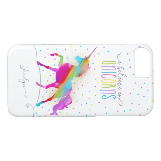 一流のパーソナライズな金ゴールドのグリッターの虹のユニコーンを加えて下さい Case-Mate iPhoneケース (裏面(横))