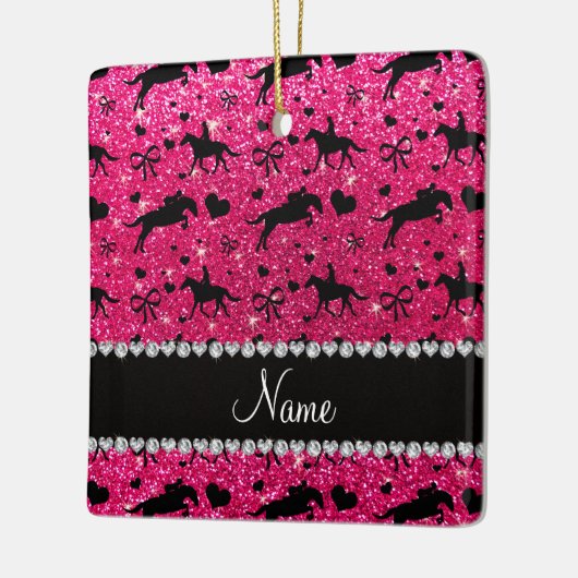 一流のローズピンクのグリッターの乗馬のハートの弓 セラミックオーナメント (左)